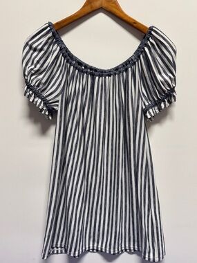 Max Studio Navy Blue & White Off-Shoulder Striped Puff Sleeve Top